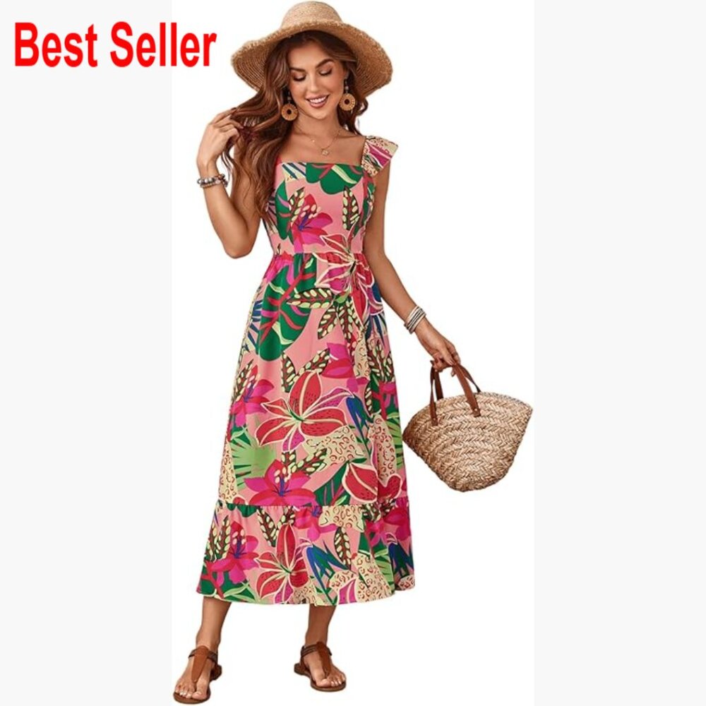 Polyester Elastane Square Neck A-Line Midi Dress … - image 1